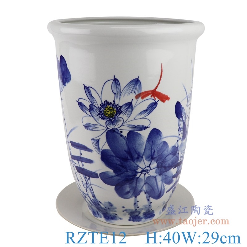 上图:RZTE12手绘青花写意荷花蜻蜓纹花盆