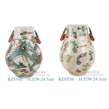RZSY05-06仿古粉彩双耳鹿耳云龙纹福桶鹿耳人物仕女福桶花瓶