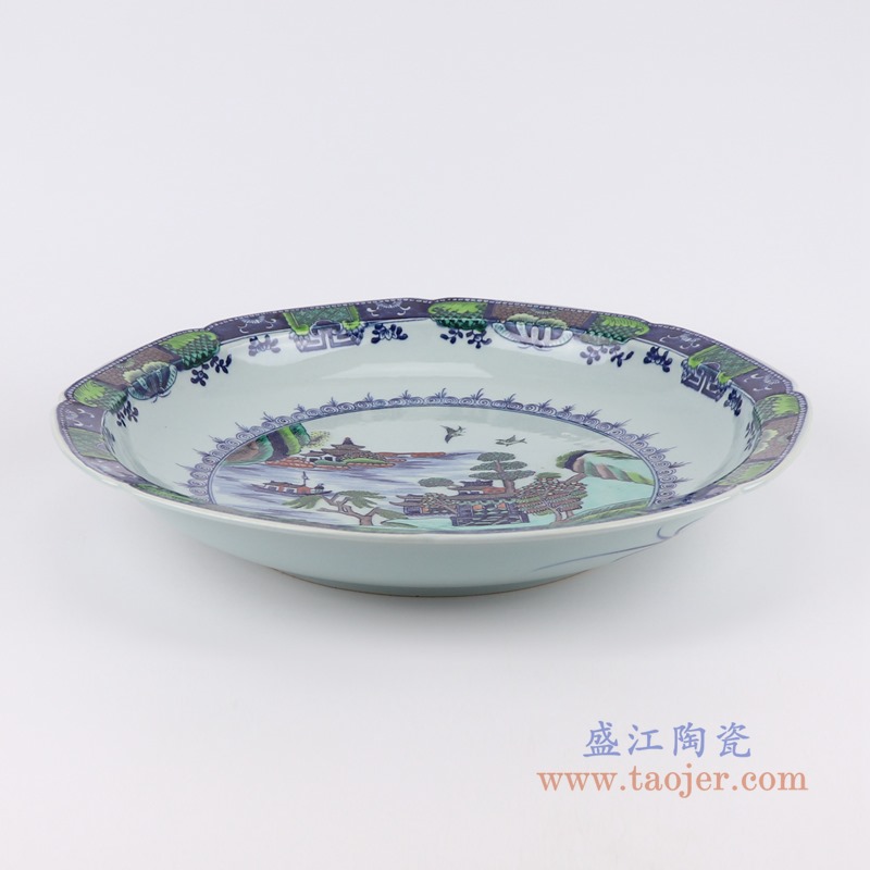 青花五彩斗彩山水花边圆盘赏盘;产品编号：RZOE11-B       产品尺寸(单位cm):  高：7.1直径：39.7口径：底径：22.8重量：2.65KG