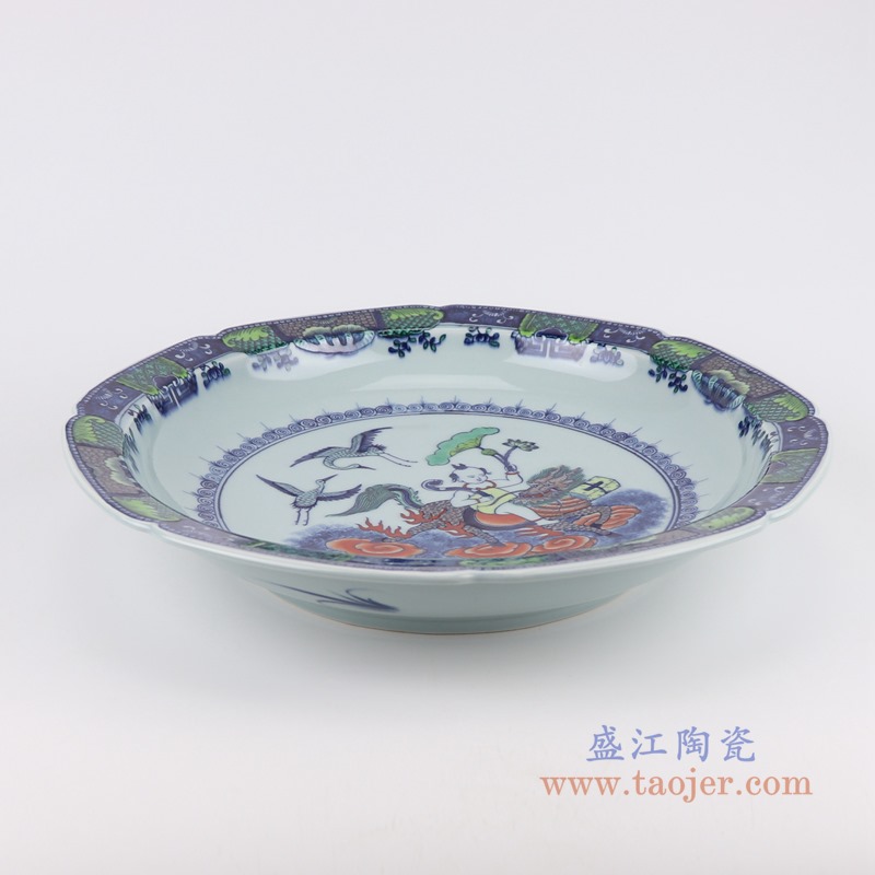 青花五彩斗彩麒麟送子花边圆盘赏盘;产品编号：RZOE11-C       产品尺寸(单位cm):  高：7.1直径：39.7口径：底径：22.8重量：2.65KG