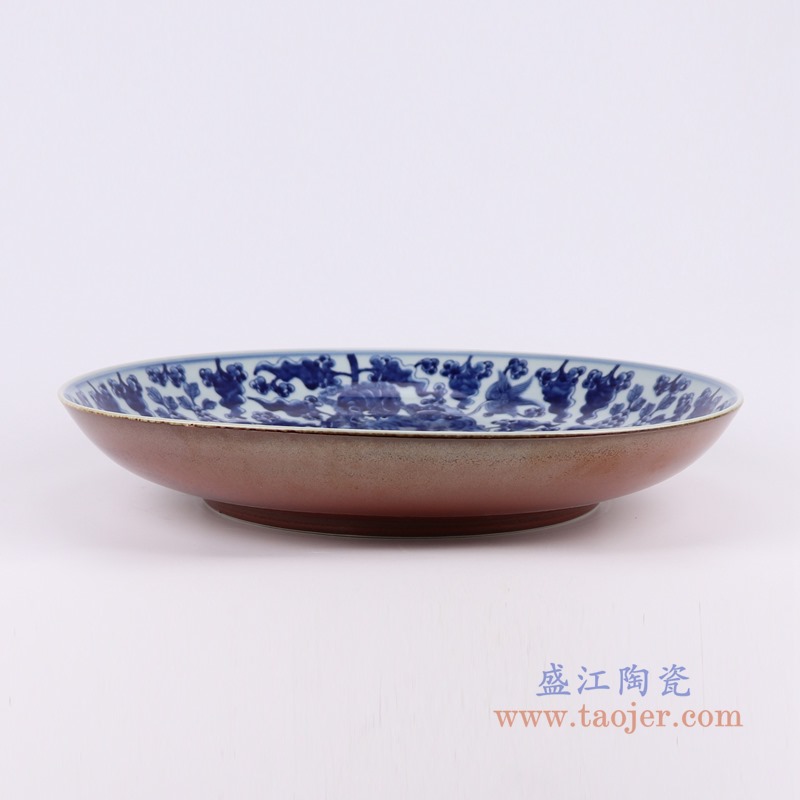 青花缠枝串花狮子纹圆盘赏盘;产品编号：RZOE10       产品尺寸(单位cm):  高：6.5直径：39.4口径：底径：23.3重量：2.65KG