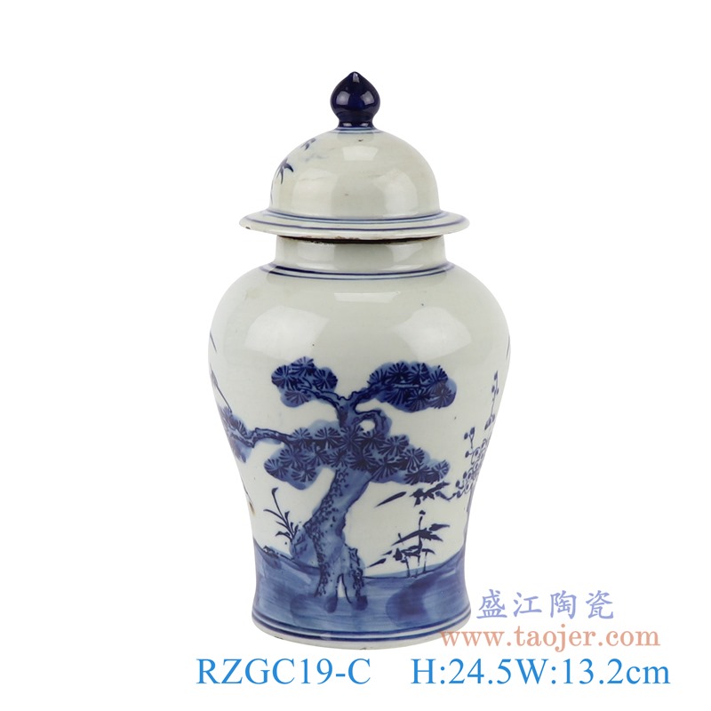 青花松竹梅将军罐;产品编号：RZGC19-C       产品尺寸(单位cm):  高：24.5直径：13.2口径：底径：10重量：1KG