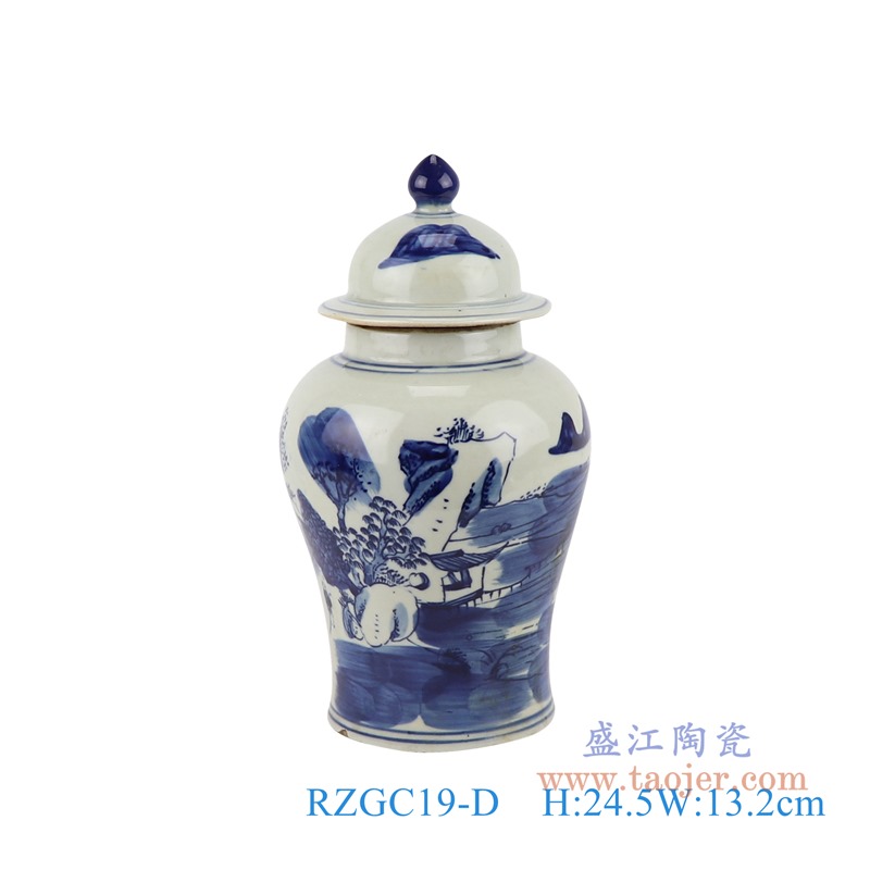 青花山水将军罐;产品编号：RZGC19-D       产品尺寸(单位cm):  高：24.5直径：13.2口径：底径：10重量：1KG