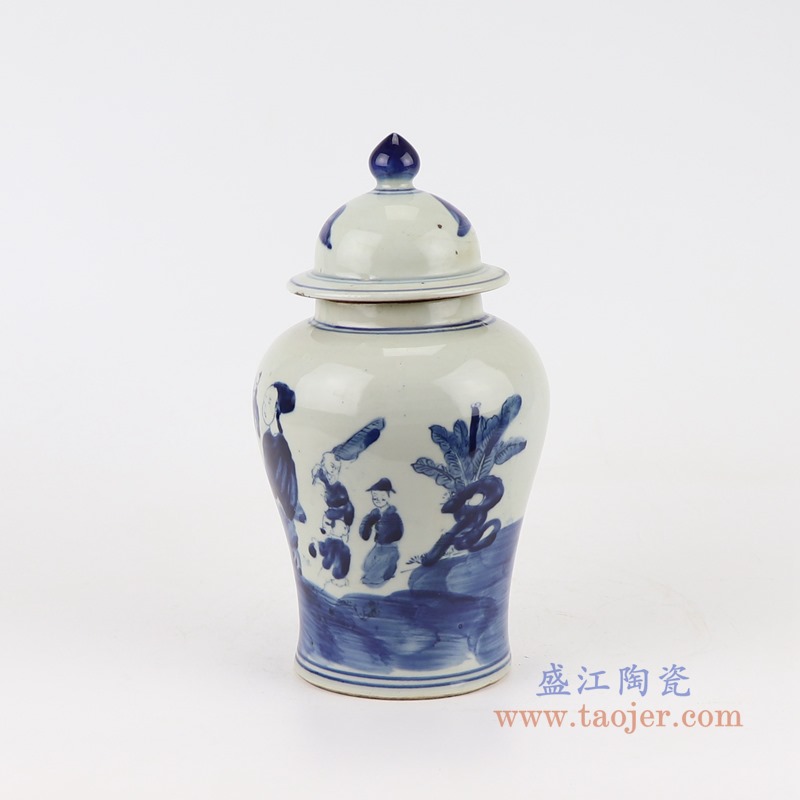 青花人物童子将军罐;产品编号：RZGC19-G       产品尺寸(单位cm):  高：24.5直径：13.2口径：底径：10重量：1KG