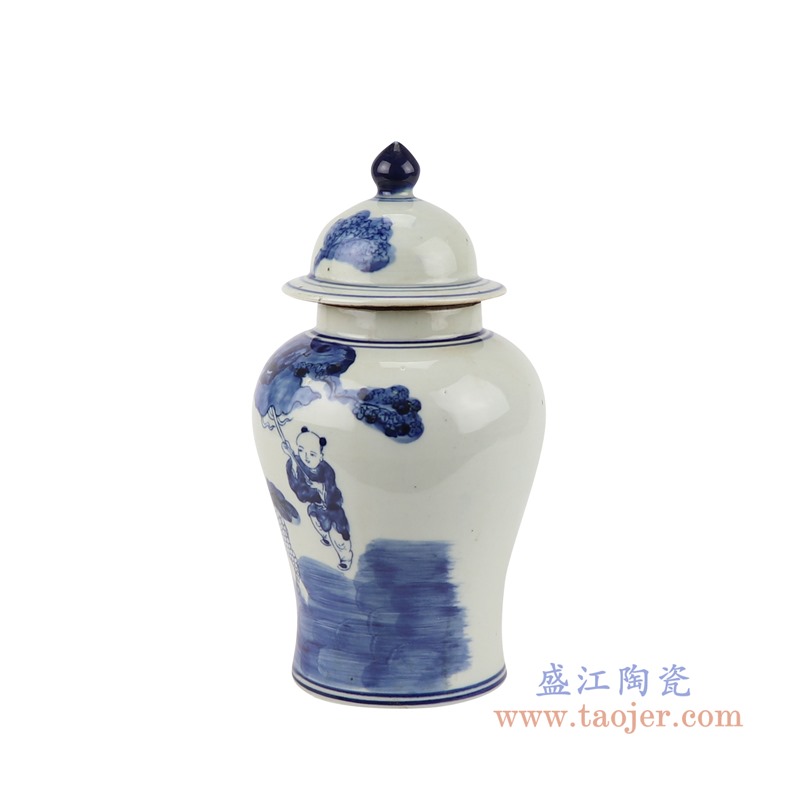 青花麒麟送子人物将军罐;产品编号：RZGC19-I       产品尺寸(单位cm):  高：24.5直径：13.2口径：底径：10重量：1KG