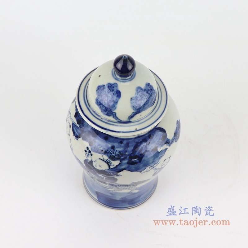青花麒麟送子人物将军罐;产品编号：RZGC19-I       产品尺寸(单位cm):  高：24.5直径：13.2口径：底径：10重量：1KG