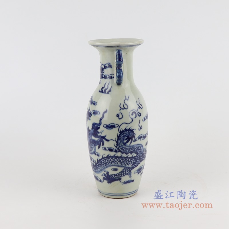 青花龙纹双耳鱼尾花瓶;产品编号：RZGC18-B       产品尺寸(单位cm):  高：25直径：10.2口径：底径：6.3重量：0.8KG