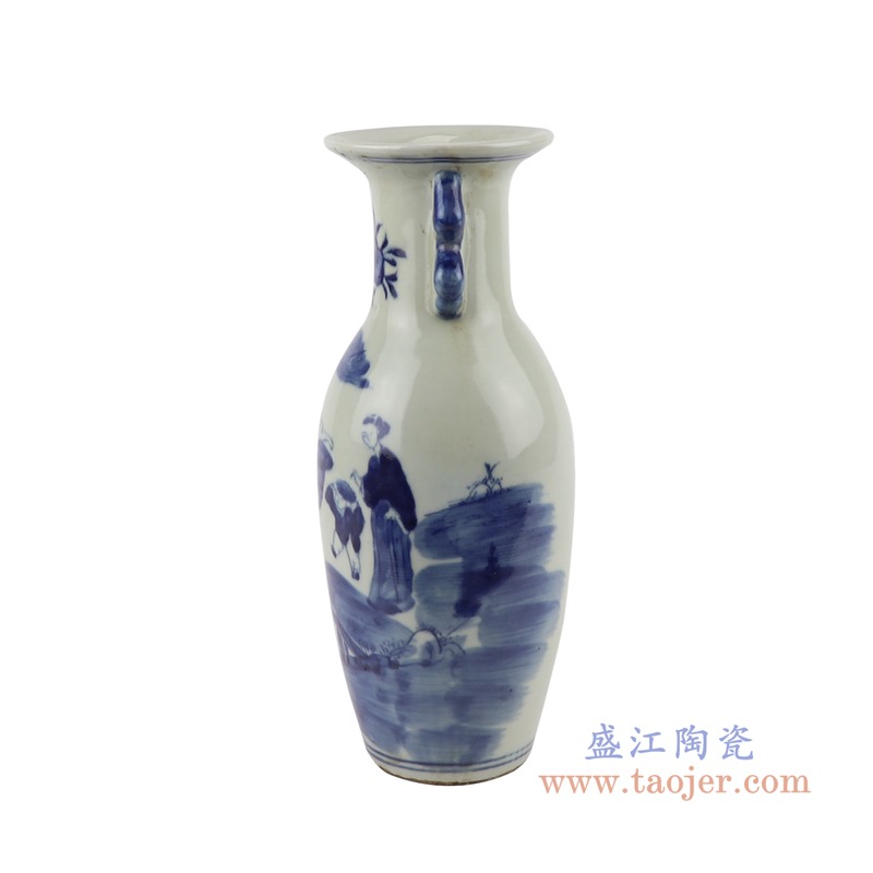 青花人物童子双耳鱼尾花瓶;产品编号：RZGC18-C       产品尺寸(单位cm):  高：25直径：10.2口径：底径：6.3重量：0.8KG