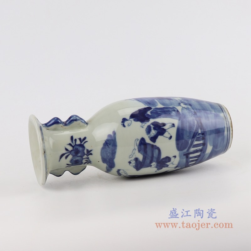 青花人物童子双耳鱼尾花瓶;产品编号：RZGC18-C       产品尺寸(单位cm):  高：25直径：10.2口径：底径：6.3重量：0.8KG