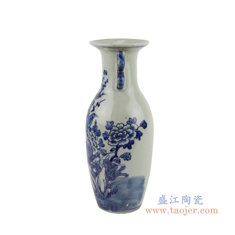 青花花鸟双耳鱼尾花瓶;产品编号：RZGC18-D       产品尺寸(单位cm):  高：25直径：10.2口径：底径：6.3重量：0.8KG