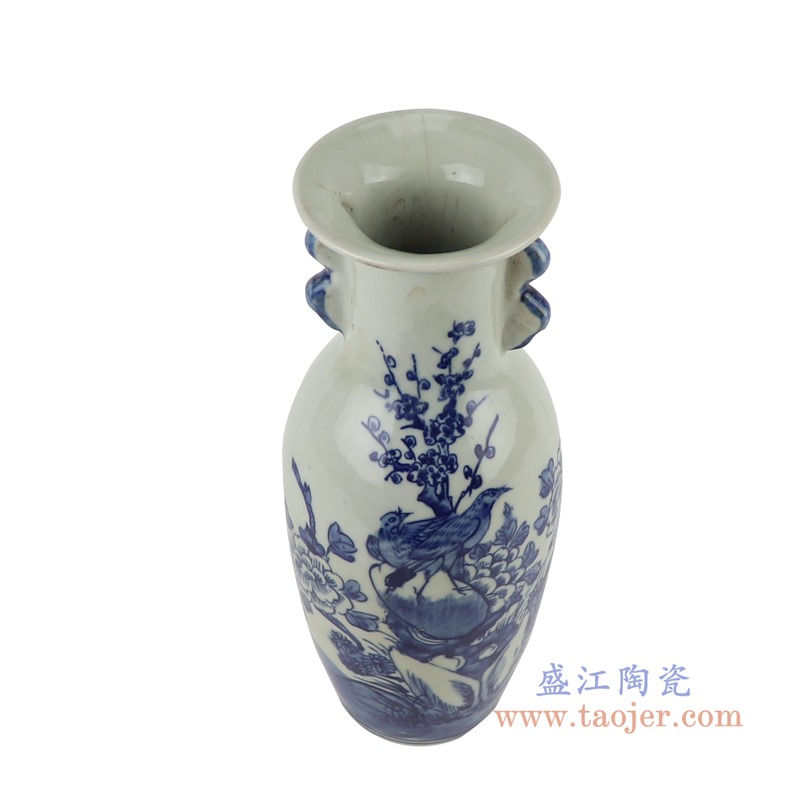 青花花鸟双耳鱼尾花瓶;产品编号：RZGC18-D       产品尺寸(单位cm):  高：25直径：10.2口径：底径：6.3重量：0.8KG