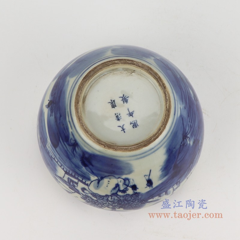 青花山水人物小笔洗圆钵;产品编号:RZGC16-A 产品尺寸(单位cm): 高:11.5直径:17.5口径:底径:9重量:1.15KG