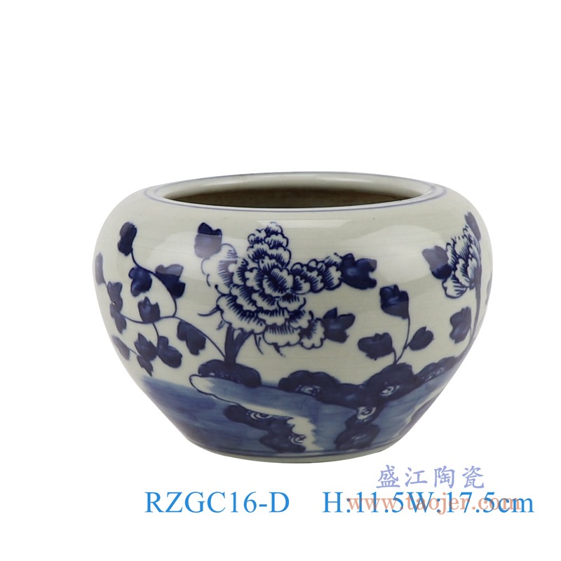 青花牡丹花卉笔洗圆钵;产品编号:RZGC16-D 产品尺寸(单位cm): 高:11.5直径:17.5口径:底径:9重量:1.15KG