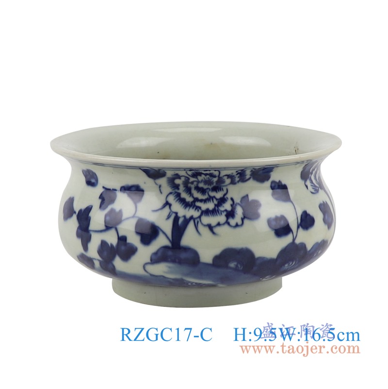 青花花卉牡丹笔洗香炉;产品编号：RZGC17-C 产品尺寸(单位cm): 高：9.5直径：16.5口径：底径：9.3重量：0.85KG