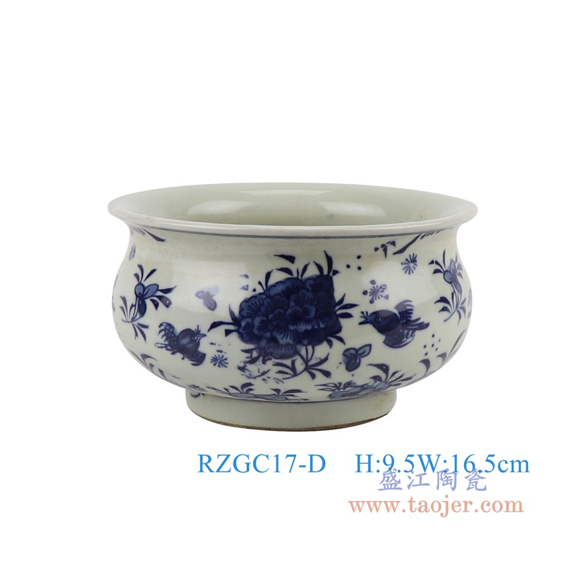青花花鸟笔洗香炉;产品编号：RZGC17-D 产品尺寸(单位cm): 高：9.5直径：16.5口径：底径：9.3重量：0.85KG