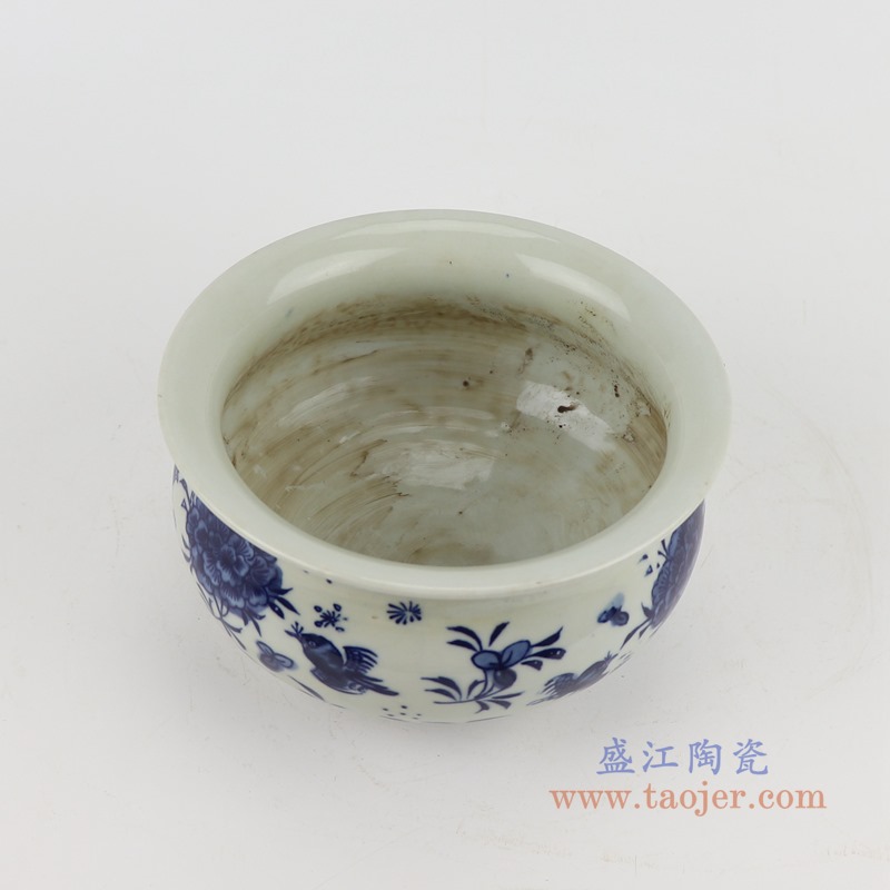 青花花鸟笔洗香炉;产品编号：RZGC17-D 产品尺寸(单位cm): 高：9.5直径：16.5口径：底径：9.3重量：0.85KG