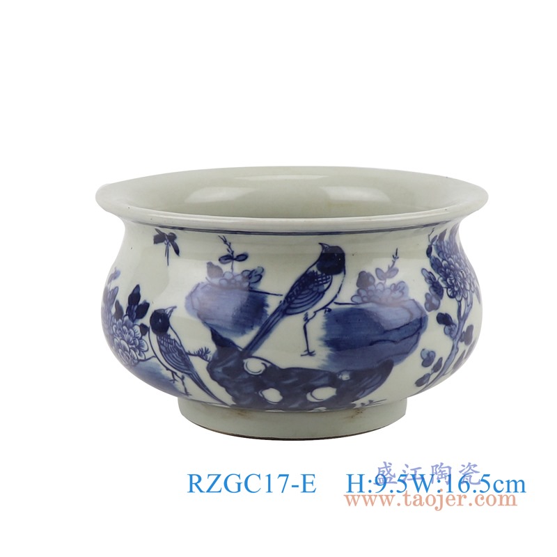 青花花鸟笔洗香炉;产品编号：RZGC17-E 产品尺寸(单位cm): 高：9.5直径：16.5口径：底径：9.3重量：0.85KG
