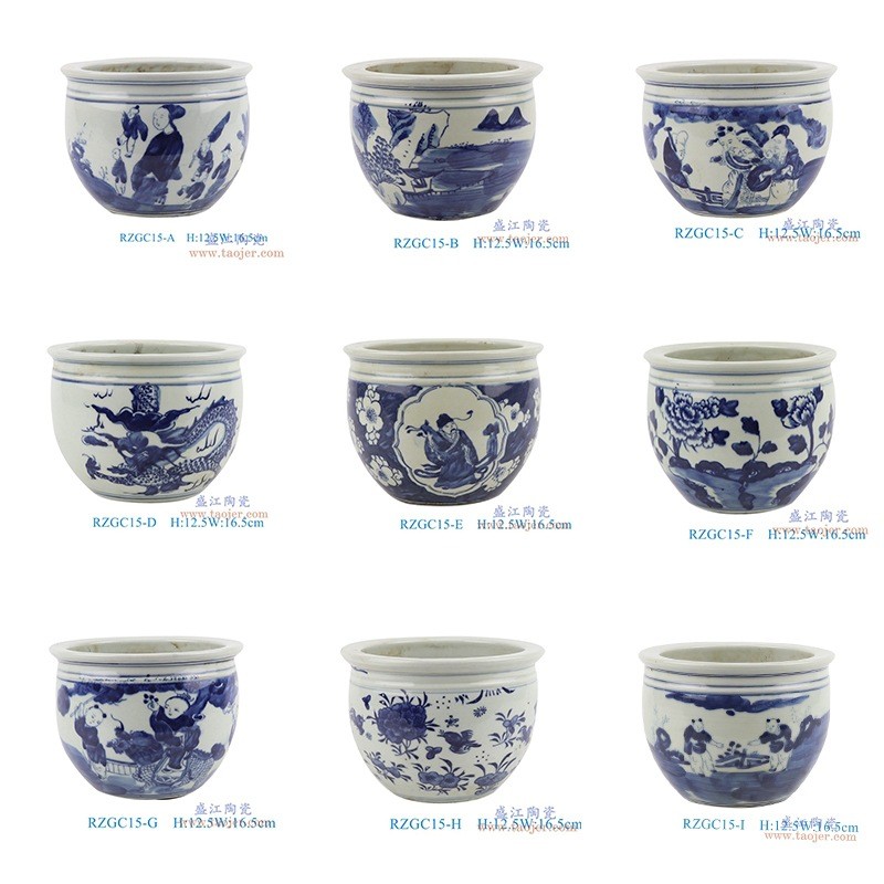 青花小缸;产品编号:RZGC15 产品尺寸(单位cm): 高:12.5直径:16.5口径:底径:8.5重量:1.1KG