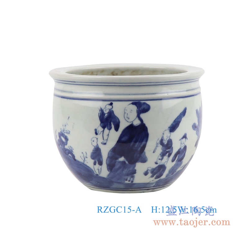 青花人物童子小缸;产品编号:RZGC15-A 产品尺寸(单位cm): 高:12.5直径:16.5口径:底径:8.5重量:1.1KG