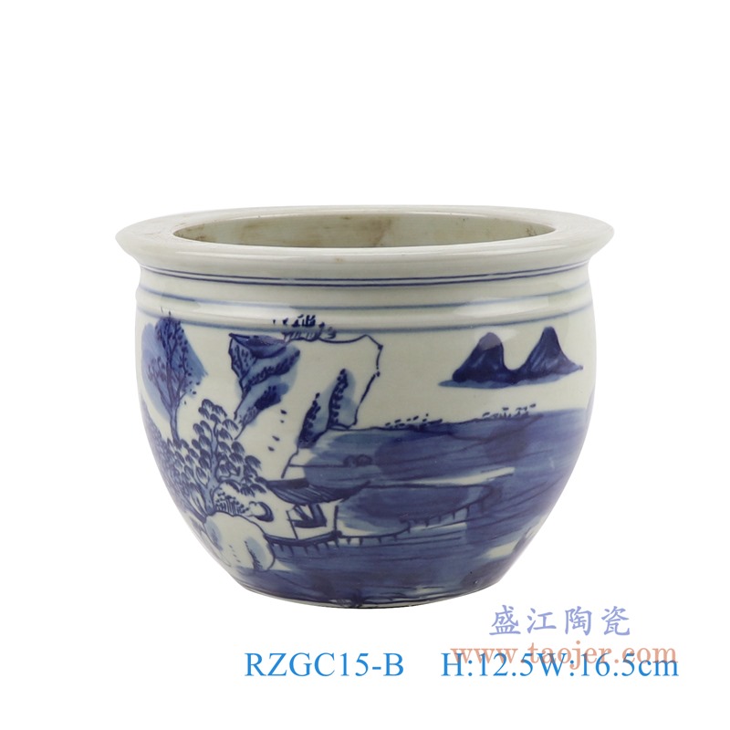 青花山水小缸;产品编号:RZGC15-B 产品尺寸(单位cm): 高:12.5直径:16.5口径:底径:8.5重量:1.1KG