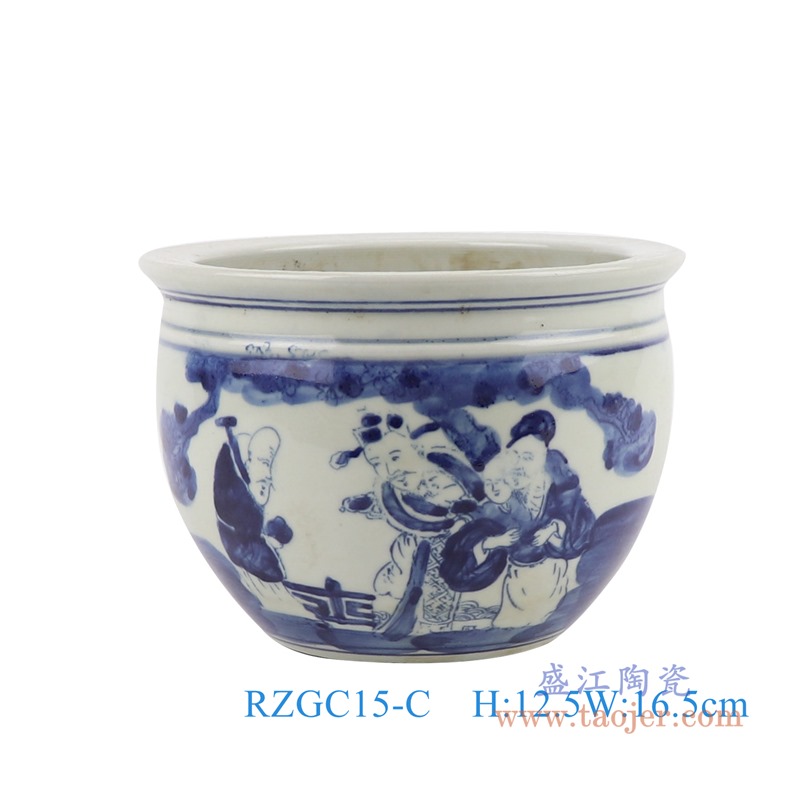 青花福禄寿三星人物小缸;产品编号:RZGC15-C 产品尺寸(单位cm): 高:12.5直径:16.5口径:底径:8.5重量:1.1KG