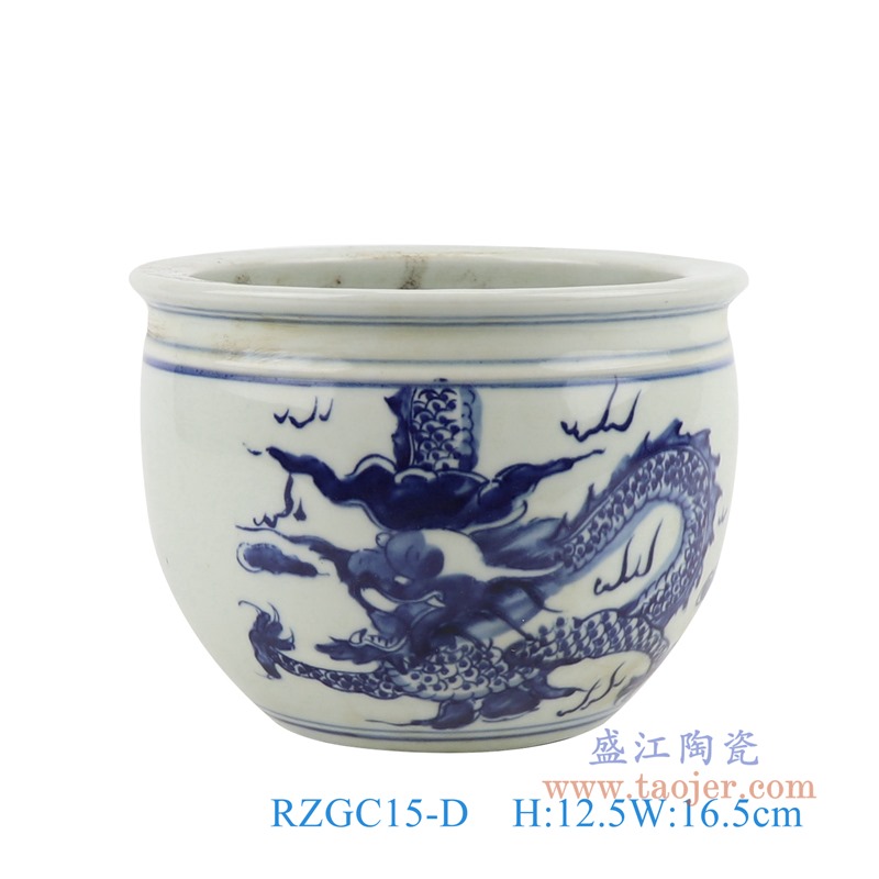 青花龙纹小缸;产品编号:RZGC15-D 产品尺寸(单位cm): 高:12.5直径:16.5口径:底径:8.5重量:1.1KG
