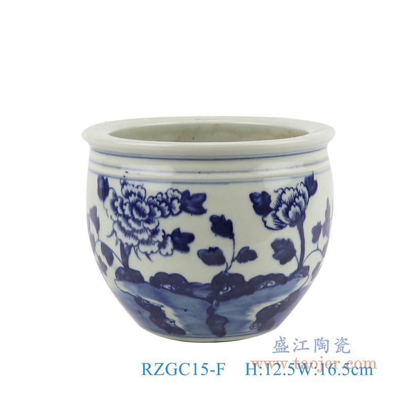 青花牡丹花卉小缸;产品编号:RZGC15-F 产品尺寸(单位cm): 高:12.5直径:16.5口径:底径:8.5重量:1.1KG