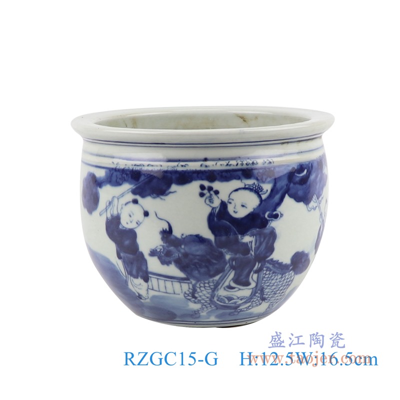 青花麒麟送子人物孩童小缸;产品编号:RZGC15-G 产品尺寸(单位cm): 高:12.5直径:16.5口径:底径:8.5重量:1.1KG