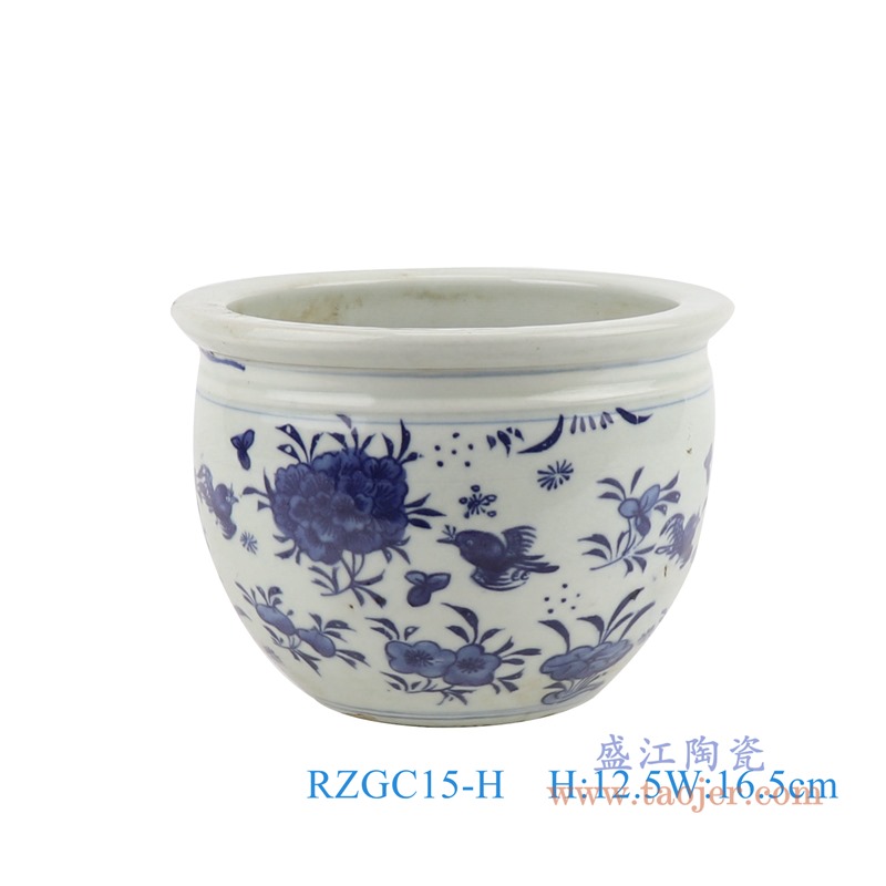 青花花鸟小缸;产品编号:RZGC15-H 产品尺寸(单位cm): 高:12.5直径:16.5口径:底径:8.5重量:1.1KG