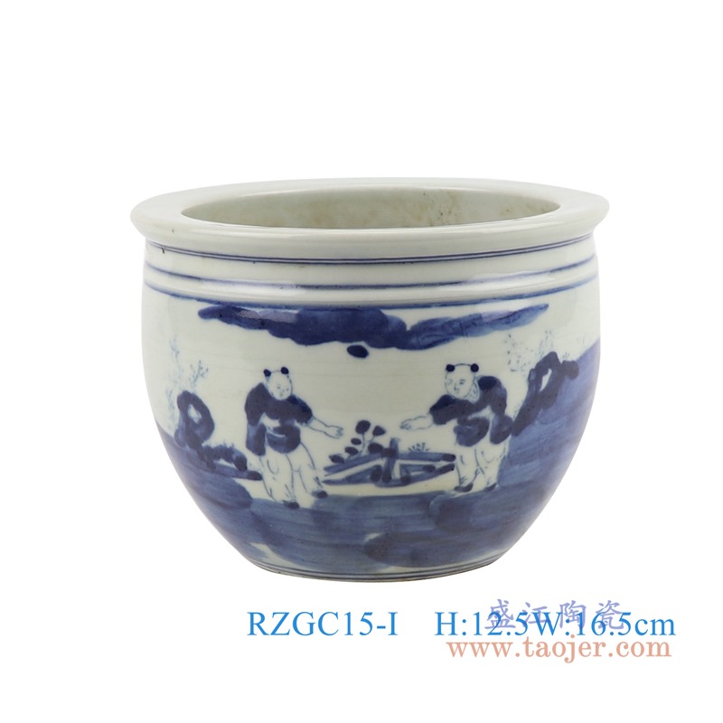青花婴戏小孩童子小缸;产品编号:RZGC15-I 产品尺寸(单位cm): 高:12.5直径:16.5口径:底径:8.5重量:1.1KG