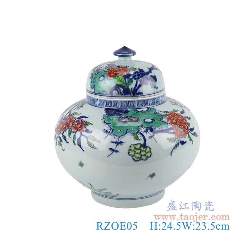RZOE05  仿古斗彩五彩花卉将军罐    高：24.5直径：23.5口径：底径：12.3重量：2.55KG