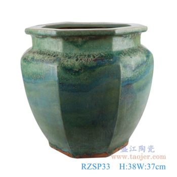 RZSP33  仿古窑变绿色颜色釉八面八方缸;  高：38直径：37口径：底径：26.5重量：9.4KG