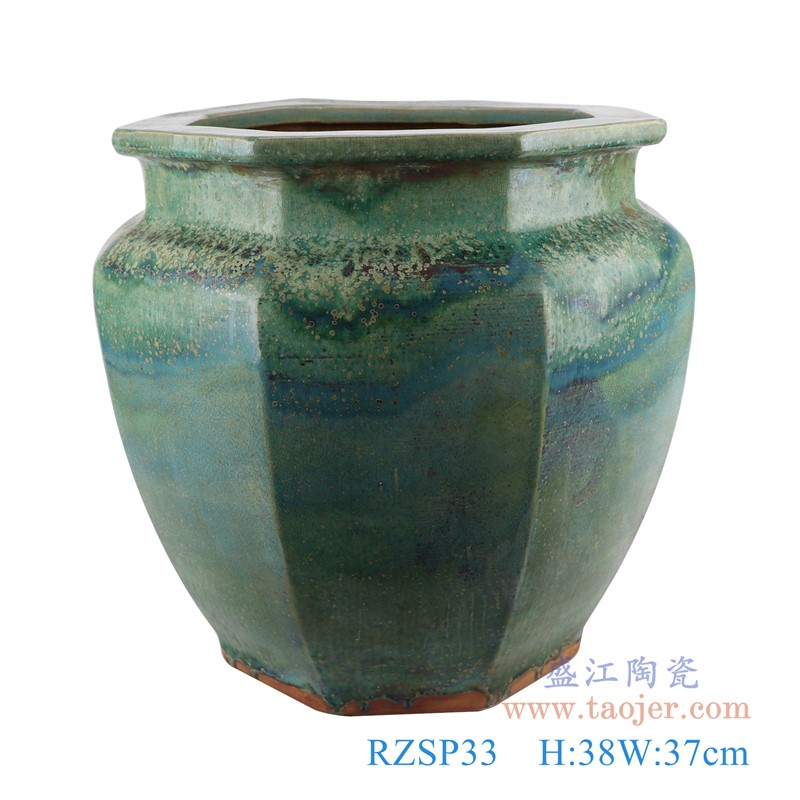 仿古窑变绿色颜色釉八面八方缸;产品编号:RZSP33 产品尺寸(单位cm): 高:38直径:37口径:底径:26.5重量:9.4KG