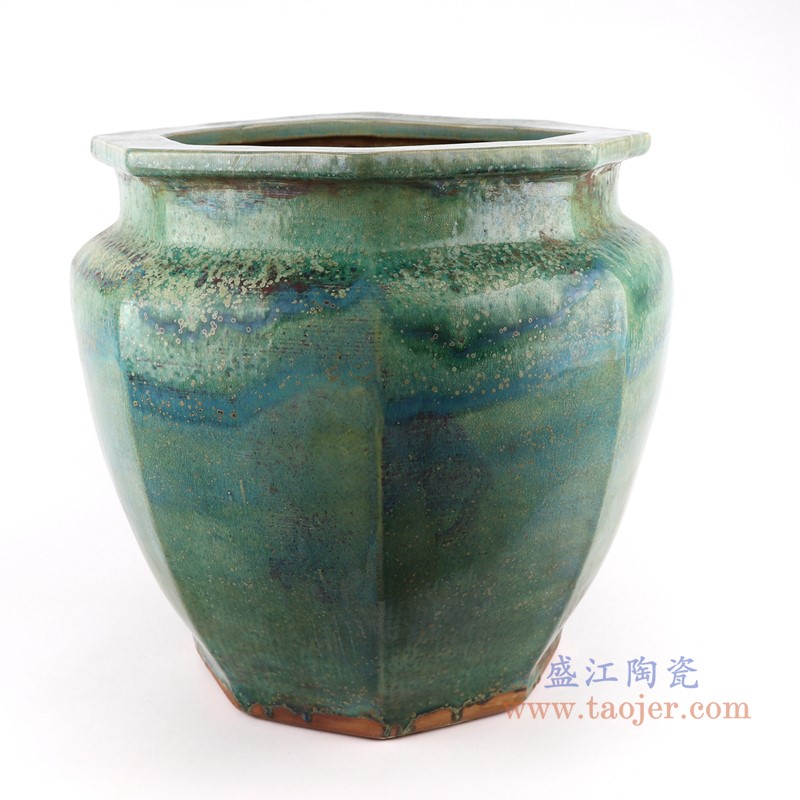 仿古窑变绿色颜色釉八面八方缸;产品编号:RZSP33 产品尺寸(单位cm): 高:38直径:37口径:底径:26.5重量:9.4KG
