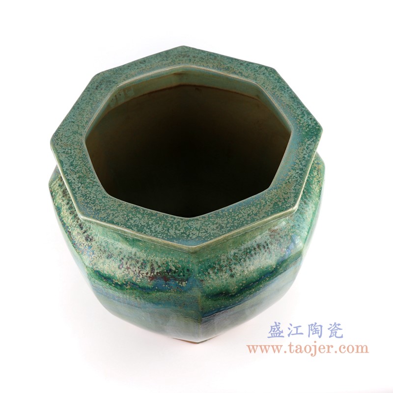 仿古窑变绿色颜色釉八面八方缸;产品编号:RZSP33 产品尺寸(单位cm): 高:38直径:37口径:底径:26.5重量:9.4KG