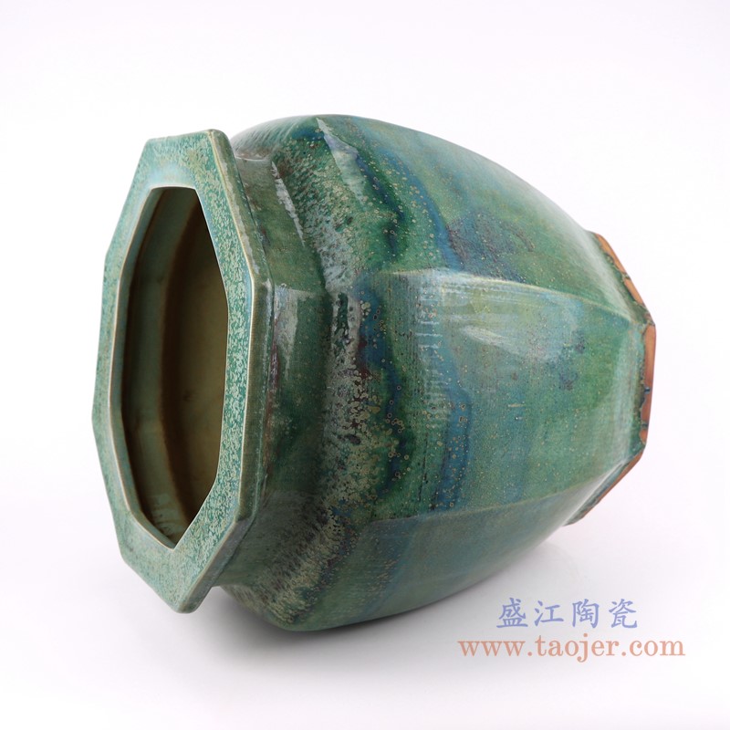 仿古窑变绿色颜色釉八面八方缸;产品编号:RZSP33 产品尺寸(单位cm): 高:38直径:37口径:底径:26.5重量:9.4KG