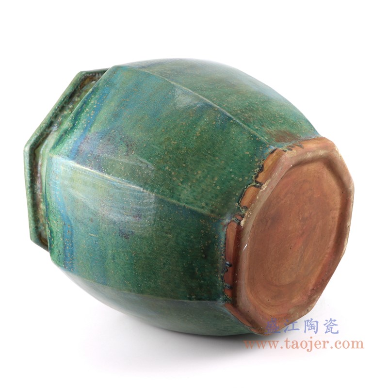 仿古窑变绿色颜色釉八面八方缸;产品编号:RZSP33 产品尺寸(单位cm): 高:38直径:37口径:底径:26.5重量:9.4KG