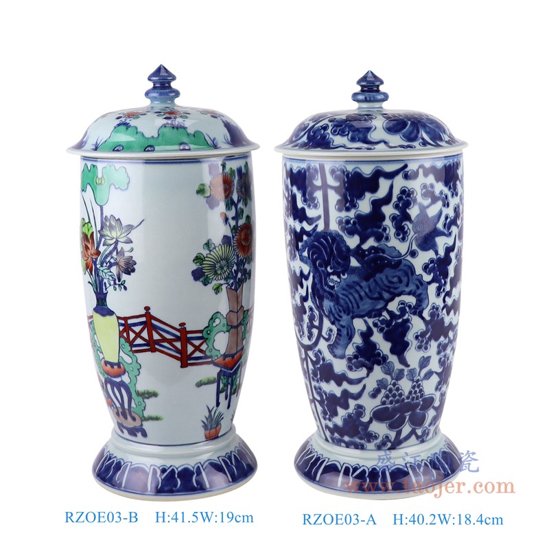 青花缠枝麒麟纹仿古斗彩五彩博古纹花卉将军罐组合;产品编号：RZOE03-A-B-ZUHTU       产品尺寸(单位cm):  高：41.5直径：19口径：底径：重量：KG