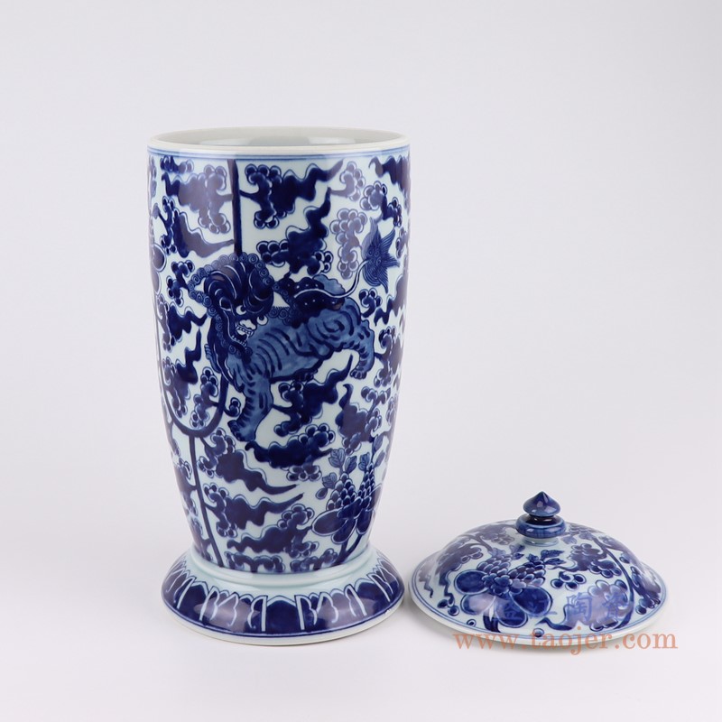 青花缠枝麒麟纹将军罐;产品编号：RZOE03-A       产品尺寸(单位cm):  高：40.2直径：18.4口径：底径：16.8重量：3.4KG