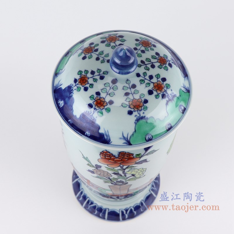 仿古斗彩五彩博古纹花卉将军罐;产品编号：RZOE03-B       产品尺寸(单位cm):  高：41.5直径：19口径：底径：17重量：3.9KG