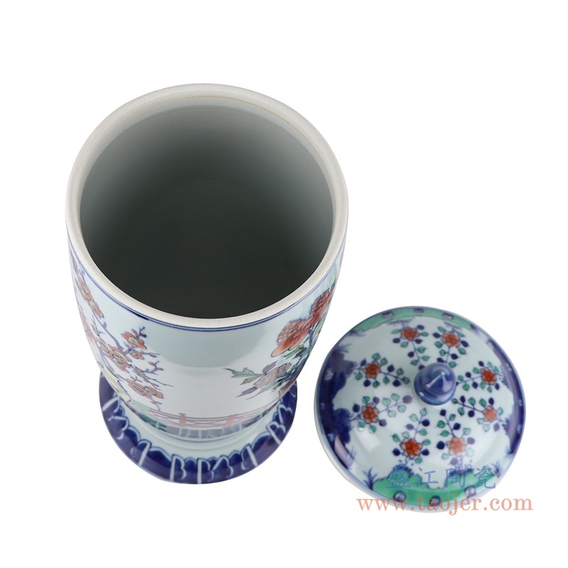 仿古斗彩五彩博古纹花卉将军罐;产品编号：RZOE03-B       产品尺寸(单位cm):  高：41.5直径：19口径：底径：17重量：3.9KG