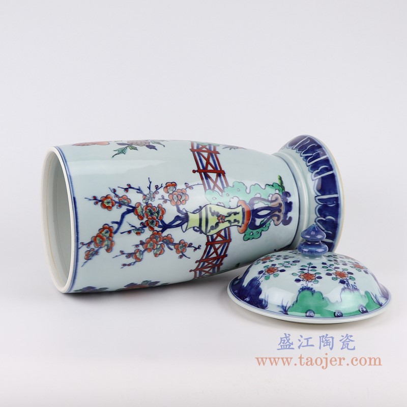 仿古斗彩五彩博古纹花卉将军罐;产品编号：RZOE03-B       产品尺寸(单位cm):  高：41.5直径：19口径：底径：17重量：3.9KG