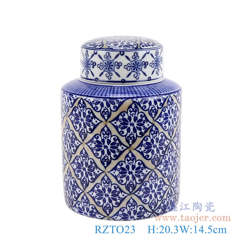 RZTO23 青花冰梅菱形纹花卉镀金茶叶罐直筒罐 高:20.3直径:14.5口径:底径:13.6重量:1.3KG