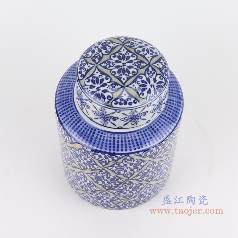RZTO23 青花冰梅菱形纹花卉镀金茶叶罐直筒罐 高:20.3直径:14.5口径:底径:13.6重量:1.3KG