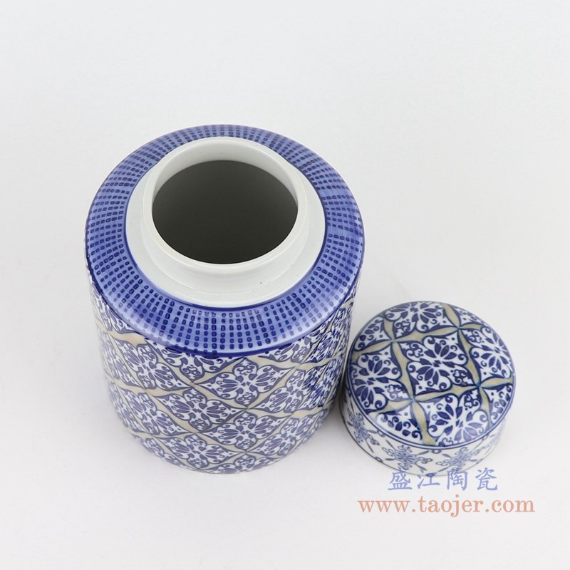 RZTO23 青花冰梅菱形纹花卉镀金茶叶罐直筒罐 高:20.3直径:14.5口径:底径:13.6重量:1.3KG