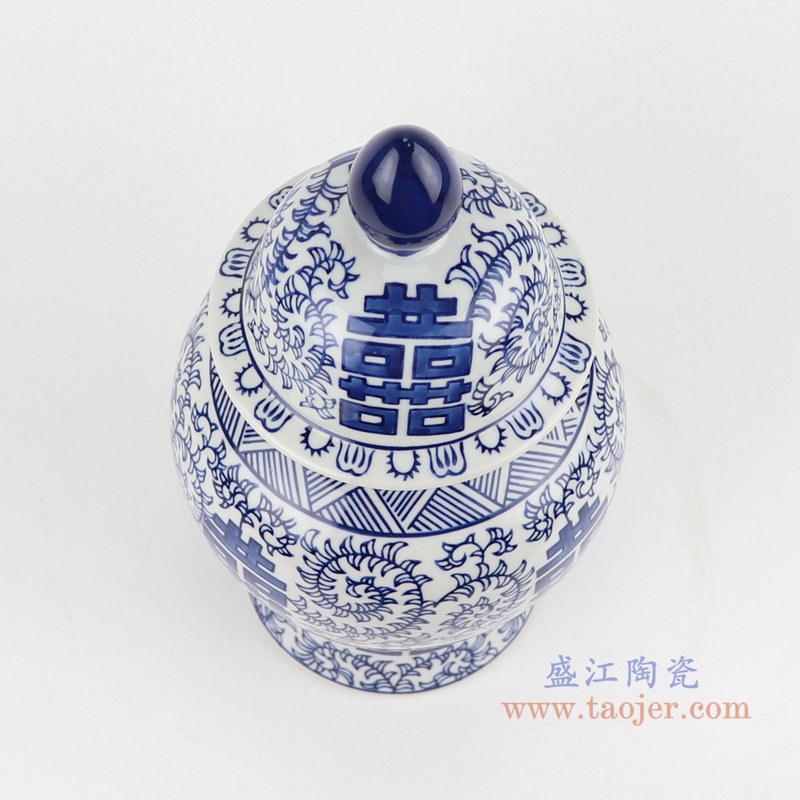 青花缠枝串花喜字将军罐小号;产品编号:RZTO22-S 产品尺寸(单位cm): 高:29.7直径:15.5口径:底径:11.8重量:1.35KG
