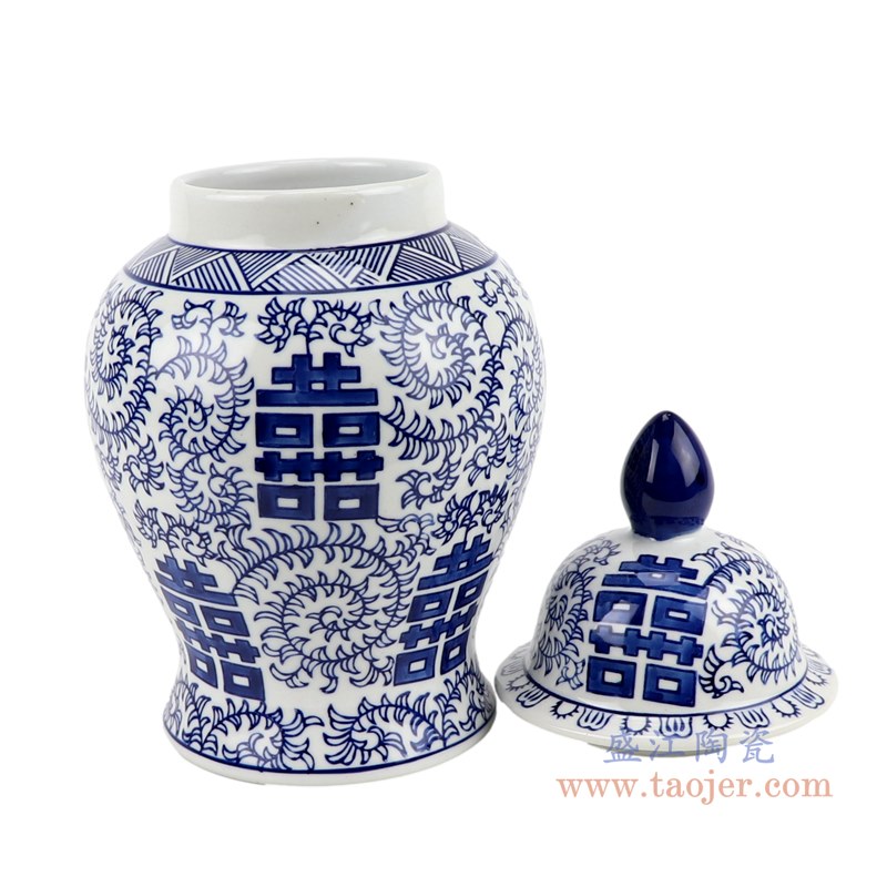 青花缠枝串花喜字将军罐小号;产品编号:RZTO22-S 产品尺寸(单位cm): 高:29.7直径:15.5口径:底径:11.8重量:1.35KG