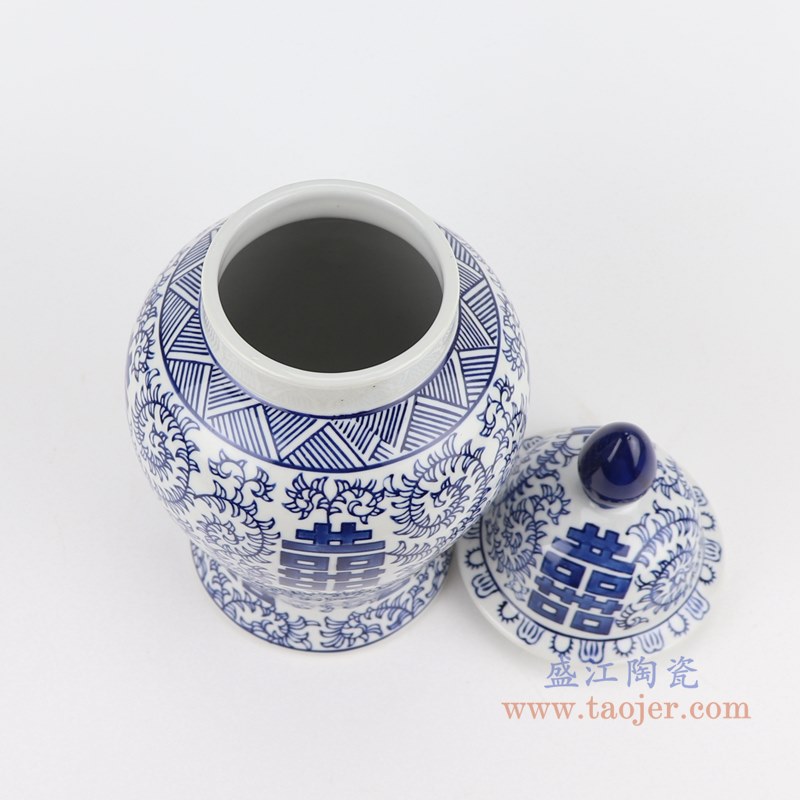 青花缠枝串花喜字将军罐小号;产品编号:RZTO22-S 产品尺寸(单位cm): 高:29.7直径:15.5口径:底径:11.8重量:1.35KG
