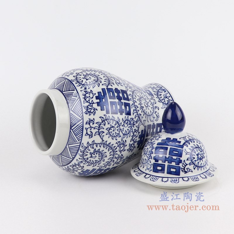 青花缠枝串花喜字将军罐小号;产品编号:RZTO22-S 产品尺寸(单位cm): 高:29.7直径:15.5口径:底径:11.8重量:1.35KG