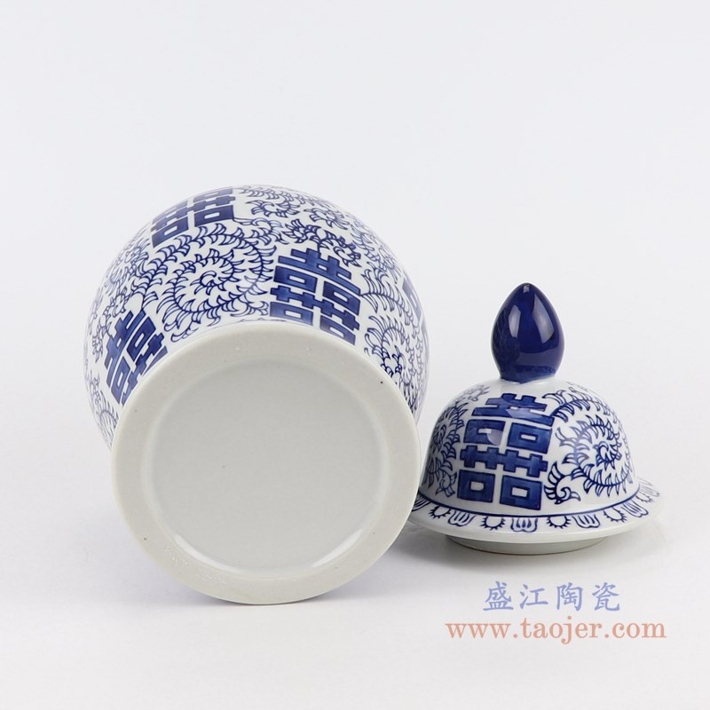 青花缠枝串花喜字将军罐小号;产品编号:RZTO22-S 产品尺寸(单位cm): 高:29.7直径:15.5口径:底径:11.8重量:1.35KG